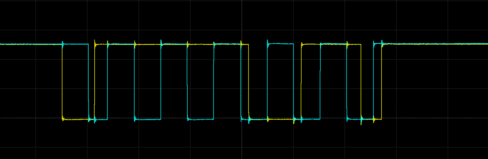 Oscilloscope reading of electrical signal: <START>11101<STOP>